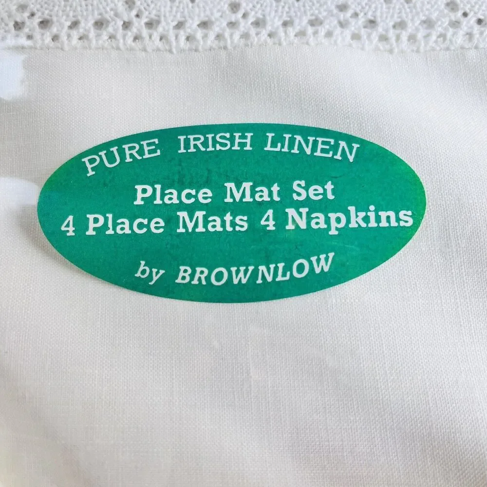 Vintage PURE IRISH LINEN Place Mat Set 4 Place Mats 4 Napkins by BROWNLOW White